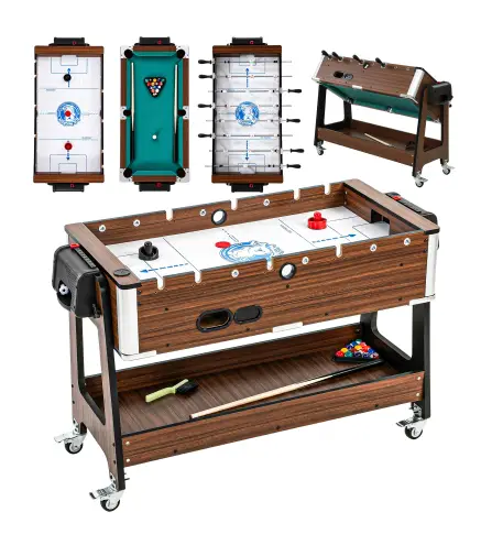 Mesa Multijuegos 3 en 1 con Ruedas con Freno Estante de Almacenaje Futbolines para Niños Billar Air Hockey Nogal