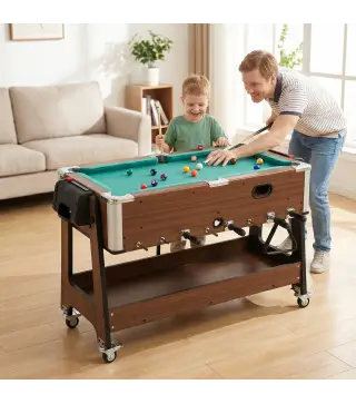 Mesa Multijuegos 3 en 1 con Ruedas con Freno Estante de Almacenaje Futbolines para Niños Billar Air Hockey Nogal