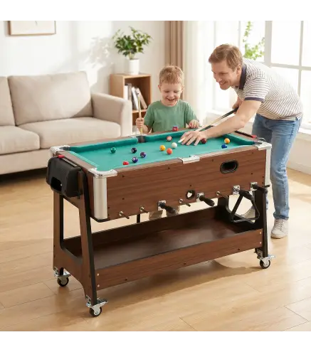 Mesa Multijuegos 3 en 1 con Ruedas con Freno Estante de Almacenaje Futbolines para Niños Billar Air Hockey Nogal