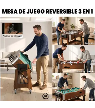 Mesa Multijuegos 3 en 1 con Ruedas con Freno Estante de Almacenaje Futbolines para Niños Billar Air Hockey Nogal