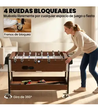 Mesa Multijuegos 3 en 1 con Ruedas con Freno Estante de Almacenaje Futbolines para Niños Billar Air Hockey Nogal