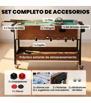 Mesa Multijuegos 3 en 1 con Ruedas con Freno Estante de Almacenaje Futbolines para Niños Billar Air Hockey Nogal