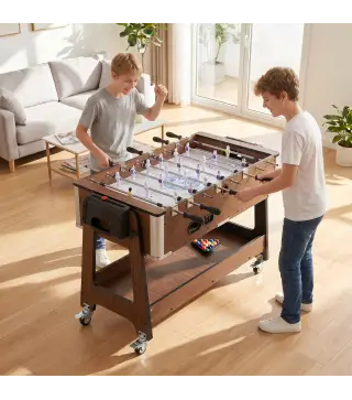 Mesa Multijuegos 3 en 1 con Ruedas con Freno Estante de Almacenaje Futbolines para Niños Billar Air Hockey Nogal