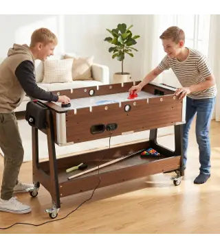 Mesa Multijuegos 3 en 1 con Ruedas con Freno Estante de Almacenaje Futbolines para Niños Billar Air Hockey Nogal
