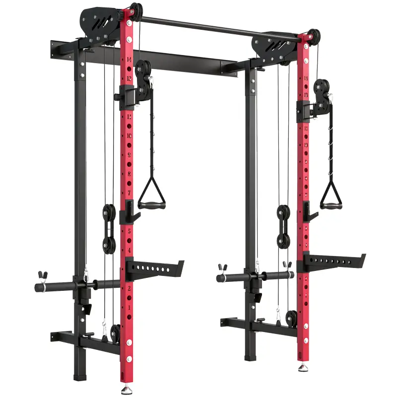Jaula de Potencia Plegable Rack para Sentadillas con Barra de Dominadas Sistema de Poleas Carga 700 kg Rojo