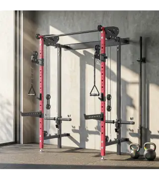 Jaula de Potencia Plegable Rack para Sentadillas con Barra de Dominadas Sistema de Poleas Carga 700 kg Rojo