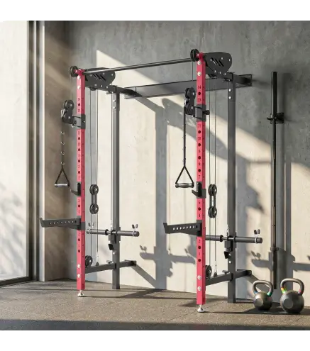 Jaula de Potencia Plegable Rack para Sentadillas con Barra de Dominadas Sistema de Poleas Carga 700 kg Rojo