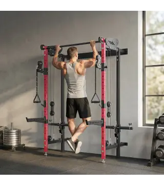 Jaula de Potencia Plegable Rack para Sentadillas con Barra de Dominadas Sistema de Poleas Carga 700 kg Rojo