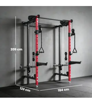 Jaula de Potencia Plegable Rack para Sentadillas con Barra de Dominadas Sistema de Poleas Carga 700 kg Rojo