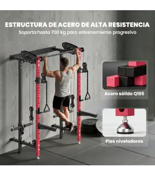 Jaula de Potencia Plegable Rack para Sentadillas con Barra de Dominadas Sistema de Poleas Carga 700 kg Rojo