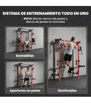Jaula de Potencia Plegable Rack para Sentadillas con Barra de Dominadas Sistema de Poleas Carga 700 kg Rojo