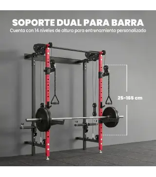 Jaula de Potencia Plegable Rack para Sentadillas con Barra de Dominadas Sistema de Poleas Carga 700 kg Rojo