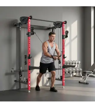 Jaula de Potencia Plegable Rack para Sentadillas con Barra de Dominadas Sistema de Poleas Carga 700 kg Rojo