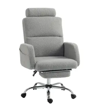 Silla de Escritorio con Reposapiés Tapizada en Borreguito con Respaldo Reclinable Reposacabezas Ajustable Gris Claro