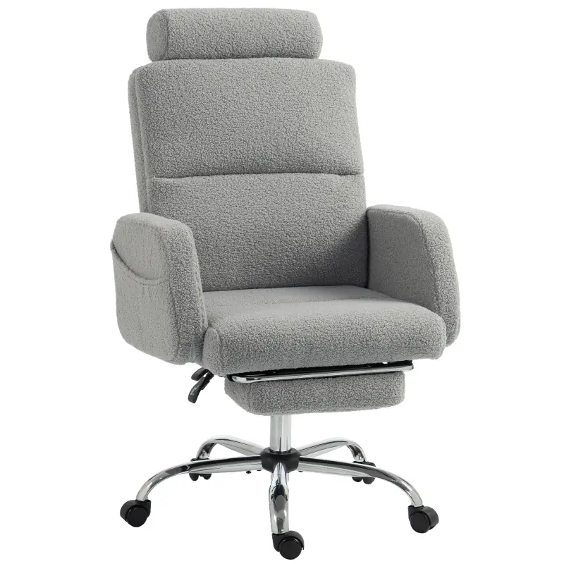Silla de Escritorio con Reposapiés Tapizada en Borreguito con Respaldo Reclinable Reposacabezas Ajustable Gris Claro Silla de Escritorio con Reposapiés Tapizada en Borreguito con Respaldo Reclinable Reposacabezas Ajustable Gris Claro