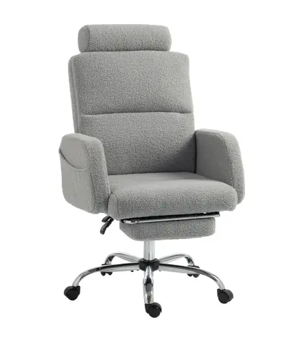 Silla de Escritorio con Reposapiés Tapizada en Borreguito con Respaldo Reclinable Reposacabezas Ajustable Gris Claro