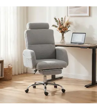 Silla de Escritorio con Reposapiés Tapizada en Borreguito con Respaldo Reclinable Reposacabezas Ajustable Gris Claro