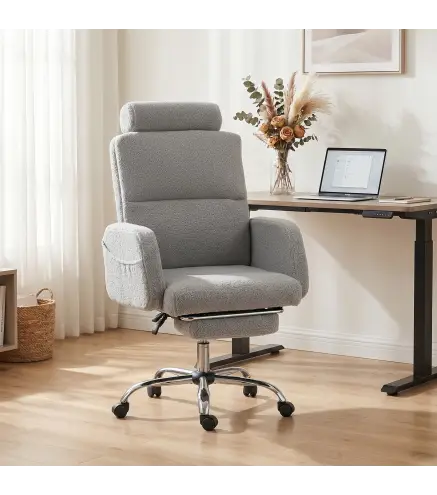 Silla de Escritorio con Reposapiés Tapizada en Borreguito con Respaldo Reclinable Reposacabezas Ajustable Gris Claro