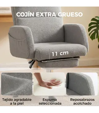 Silla de Escritorio con Reposapiés Tapizada en Borreguito con Respaldo Reclinable Reposacabezas Ajustable Gris Claro