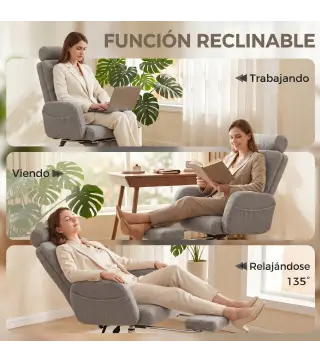 Silla de Escritorio con Reposapiés Tapizada en Borreguito con Respaldo Reclinable Reposacabezas Ajustable Gris Claro