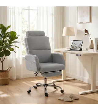 Silla de Escritorio con Reposapiés Tapizada en Borreguito con Respaldo Reclinable Reposacabezas Ajustable Gris Claro
