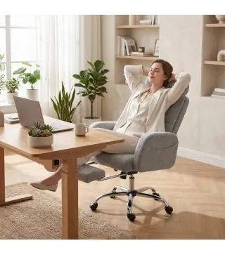 Silla de Escritorio con Reposapiés Tapizada en Borreguito con Respaldo Reclinable Reposacabezas Ajustable Gris Claro