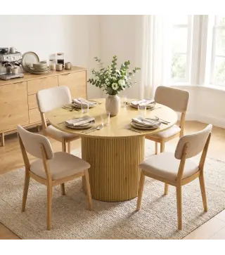 Mesa de Comedor Redonda Moderna para 4-6 Personas Mesa de Cocina de 110 cm con Base Cilíndrica Acanalada Roble