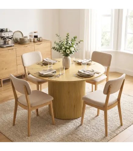Mesa de Comedor Redonda Moderna para 4-6 Personas Mesa de Cocina de 110 cm con Base Cilíndrica Acanalada Roble