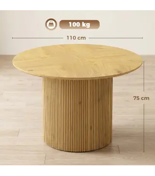 Mesa de Comedor Redonda Moderna para 4-6 Personas Mesa de Cocina de 110 cm con Base Cilíndrica Acanalada Roble