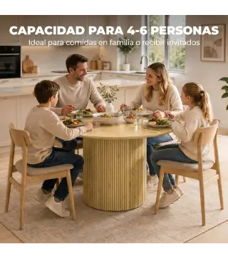 Mesa de Comedor Redonda Moderna para 4-6 Personas Mesa de Cocina de 110 cm con Base Cilíndrica Acanalada Roble