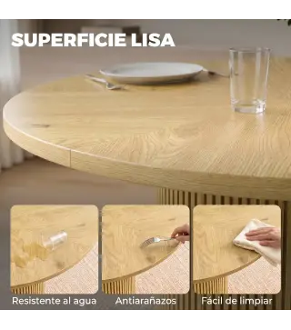 Mesa de Comedor Redonda Moderna para 4-6 Personas Mesa de Cocina de 110 cm con Base Cilíndrica Acanalada Roble
