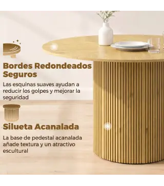 Mesa de Comedor Redonda Moderna para 4-6 Personas Mesa de Cocina de 110 cm con Base Cilíndrica Acanalada Roble