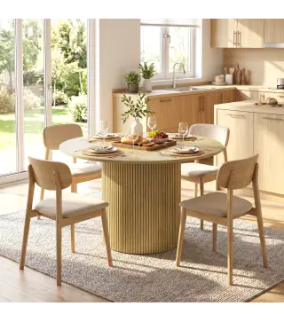 Mesa de Comedor Redonda Moderna para 4-6 Personas Mesa de Cocina de 110 cm con Base Cilíndrica Acanalada Roble