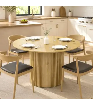 Mesa de Comedor Redonda Moderna para 4-6 Personas Mesa de Cocina de 110 cm con Base Cilíndrica Acanalada Roble