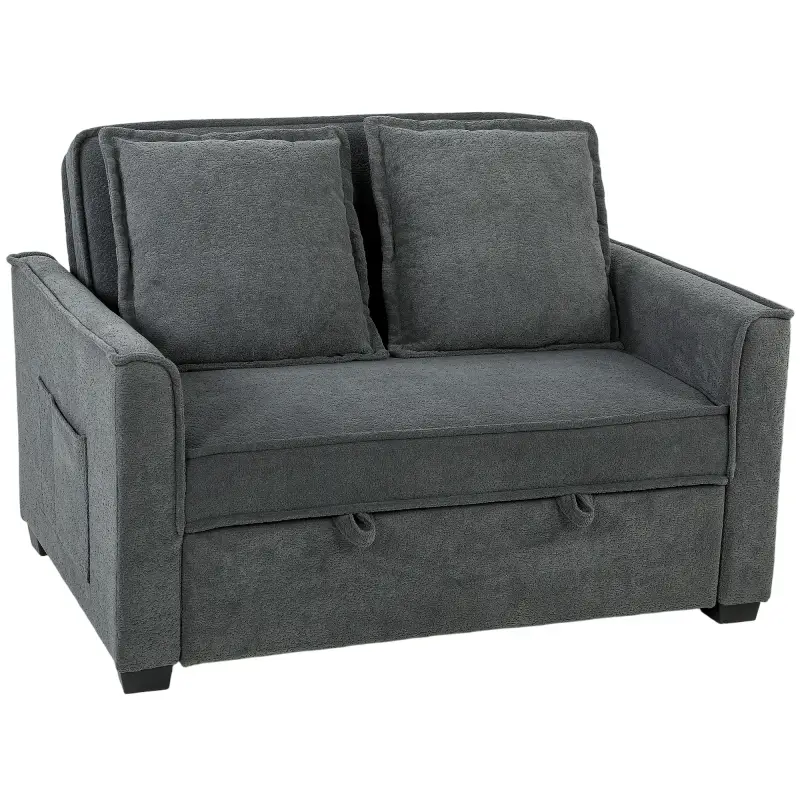 Sofá Cama 2 Plazas 3 en 1 con Respaldo Ajustable Bolsillos Laterales 2 Almohadas para Sala de Estar Gris Oscuro