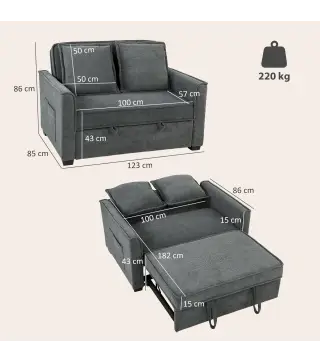 Sofá Cama 2 Plazas 3 en 1 con Respaldo Ajustable Bolsillos Laterales 2 Almohadas para Sala de Estar Gris Oscuro
