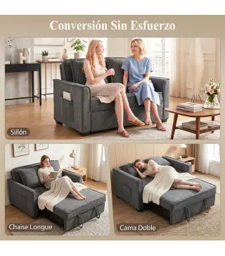 Sofá Cama 2 Plazas 3 en 1 con Respaldo Ajustable Bolsillos Laterales 2 Almohadas para Sala de Estar Gris Oscuro