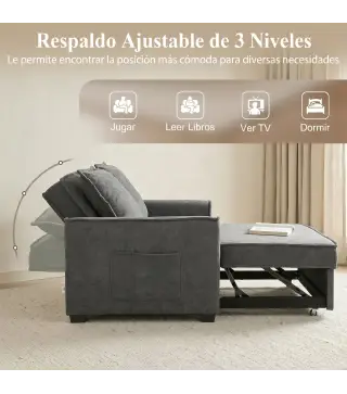 Sofá Cama 2 Plazas 3 en 1 con Respaldo Ajustable Bolsillos Laterales 2 Almohadas para Sala de Estar Gris Oscuro