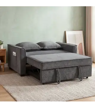 Sofá Cama 2 Plazas 3 en 1 con Respaldo Ajustable Bolsillos Laterales 2 Almohadas para Sala de Estar Gris Oscuro