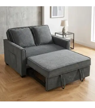 Sofá Cama 2 Plazas 3 en 1 con Respaldo Ajustable Bolsillos Laterales 2 Almohadas para Sala de Estar Gris Oscuro