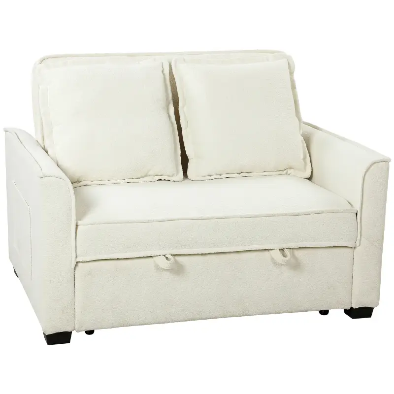 Sofá Cama 2 Plazas 3 en 1 con Respaldo Ajustable Bolsillos Laterales 2 Almohadas para Sala de Estar Blanco Crema