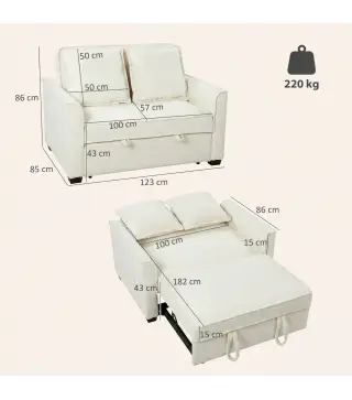 Sofá Cama 2 Plazas 3 en 1 con Respaldo Ajustable Bolsillos Laterales 2 Almohadas para Sala de Estar Blanco Crema