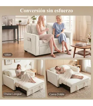 Sofá Cama 2 Plazas 3 en 1 con Respaldo Ajustable Bolsillos Laterales 2 Almohadas para Sala de Estar Blanco Crema
