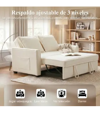Sofá Cama 2 Plazas 3 en 1 con Respaldo Ajustable Bolsillos Laterales 2 Almohadas para Sala de Estar Blanco Crema