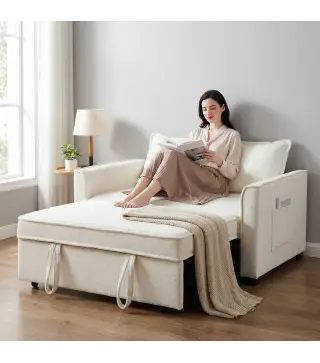 Sofá Cama 2 Plazas 3 en 1 con Respaldo Ajustable Bolsillos Laterales 2 Almohadas para Sala de Estar Blanco Crema