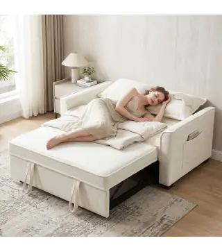 Sofá Cama 2 Plazas 3 en 1 con Respaldo Ajustable Bolsillos Laterales 2 Almohadas para Sala de Estar Blanco Crema