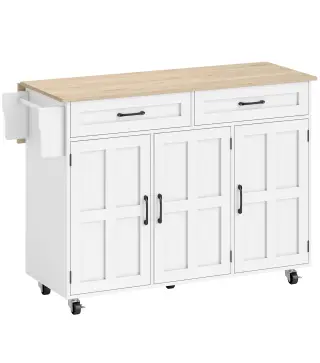 Isla de Cocina con Encimera Extensible Ruedas 2 Cajones 3 Armarios Estantes en la Puerta Toallero Blanco