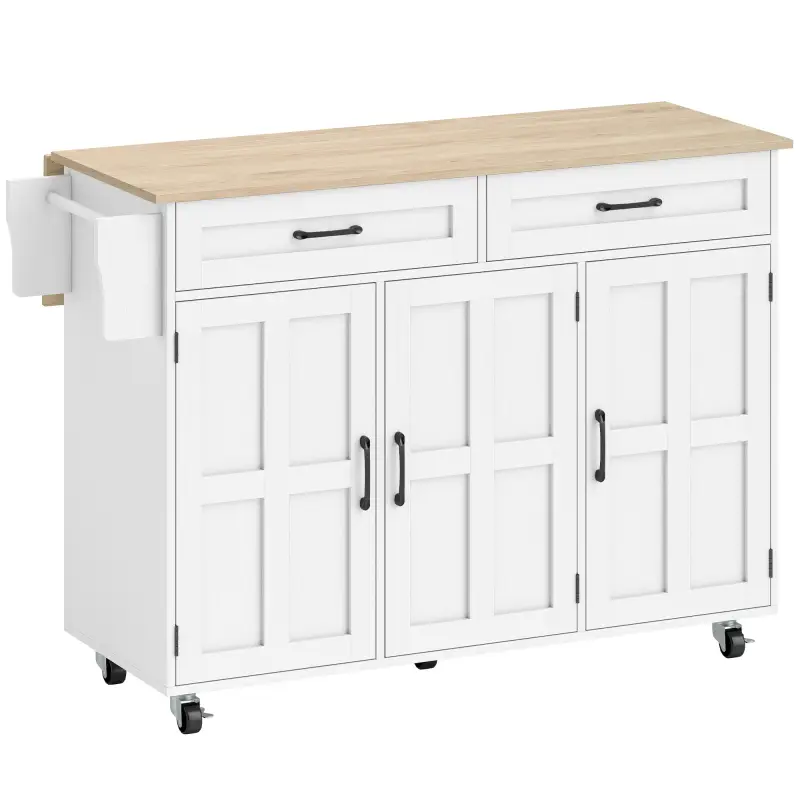 Isla de Cocina con Encimera Extensible Ruedas 2 Cajones 3 Armarios Estantes en la Puerta Toallero Blanco