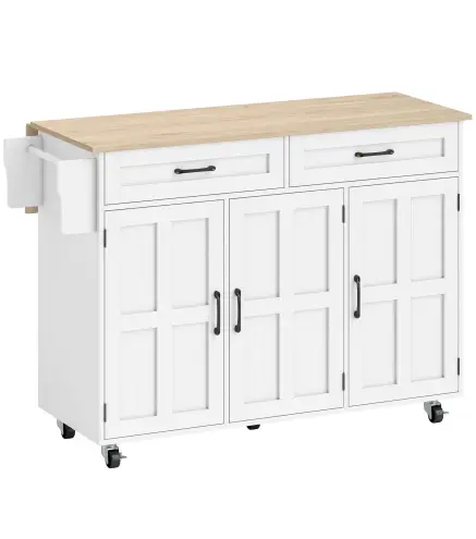 Isla de Cocina con Encimera Extensible Ruedas 2 Cajones 3 Armarios Estantes en la Puerta Toallero Blanco