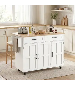 Isla de Cocina con Encimera Extensible Ruedas 2 Cajones 3 Armarios Estantes en la Puerta Toallero Blanco